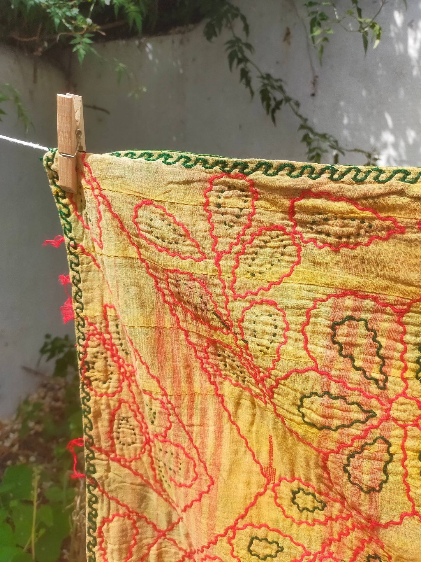 Vintage Hand Stitched Patchwork Kantha Blanket Quilt From India Made From Recycled Cotton Saris Yellow