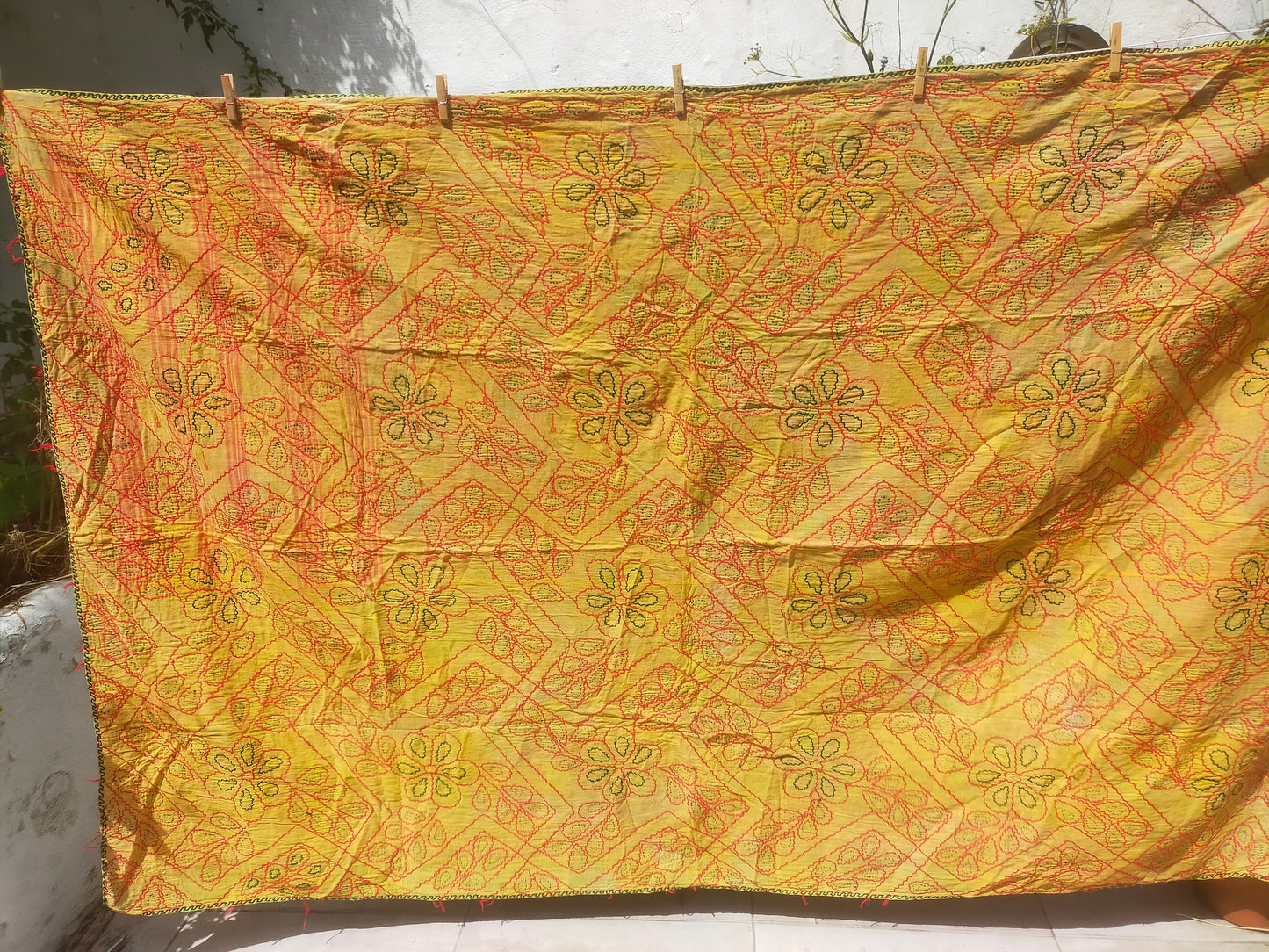 Vintage Hand Stitched Patchwork Kantha Blanket Quilt From India Made From Recycled Cotton Saris Yellow