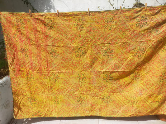 Vintage Hand Stitched Patchwork Kantha Blanket Quilt From India Made From Recycled Cotton Saris Yellow