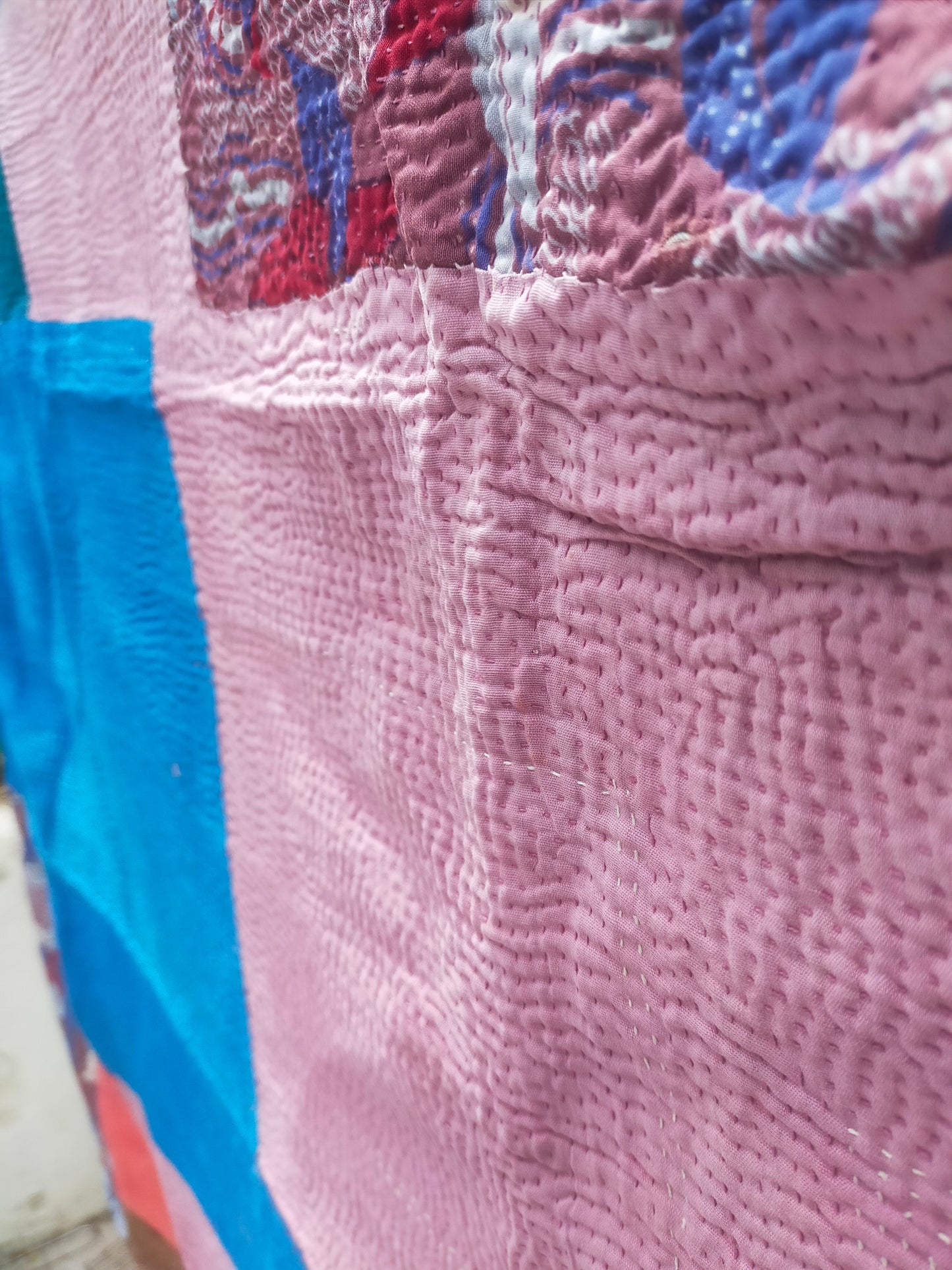 Vintage Hand-Stitched Patchwork Kantha Blanket Quilt From India Made From Recycled Cotton Saris Multi Coloured