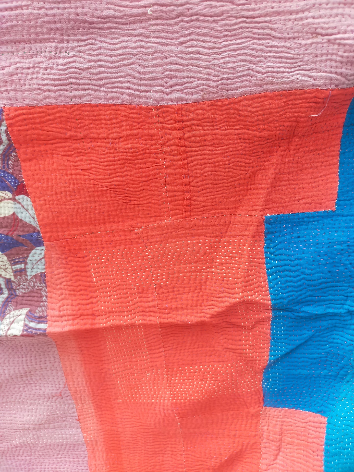 Vintage Hand-Stitched Patchwork Kantha Blanket Quilt From India Made From Recycled Cotton Saris Multi Coloured