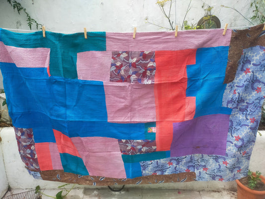 Vintage Hand-Stitched Patchwork Kantha Blanket Quilt From India Made From Recycled Cotton Saris Multi Coloured