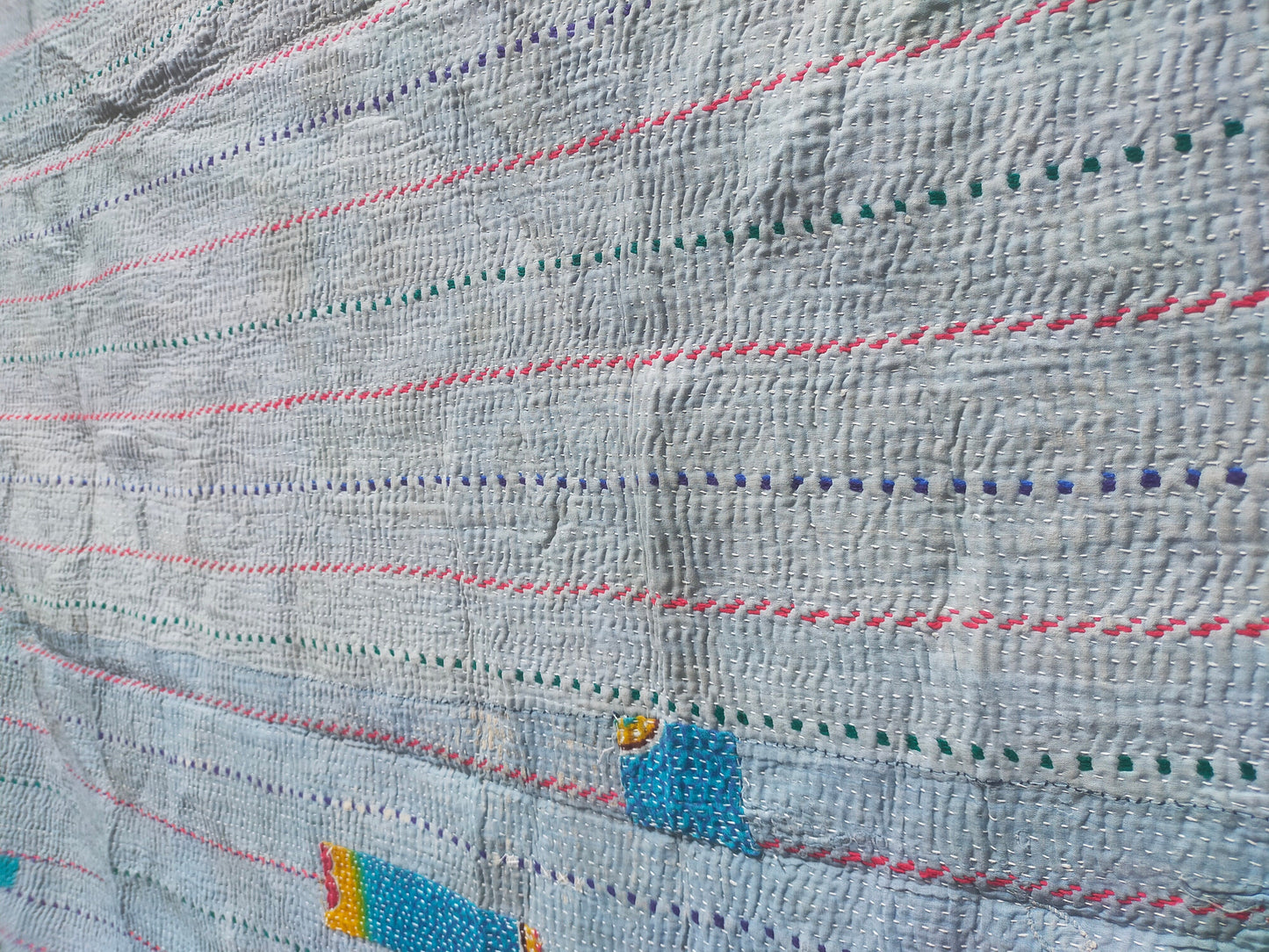 Vintage Hand-Stitched Double Sided Patchwork Kantha Blanket Quilt From India Made From Recycled Cotton Saris Hand Stitched Together.