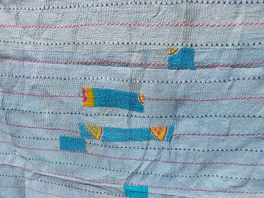 Vintage Hand-Stitched Double Sided Patchwork Kantha Blanket Quilt From India Made From Recycled Cotton Saris Hand Stitched Together.
