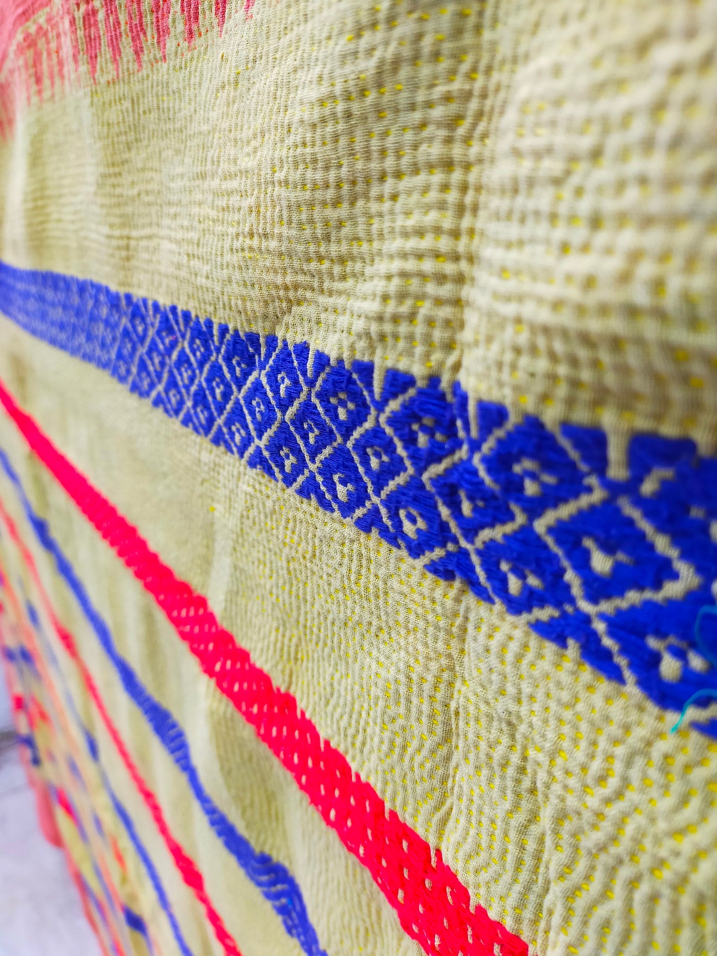 Vintage Hand-Stitched Patchwork Kantha Quilt From India Made From Recycled Cotton Saris Hand Stitched Together. Orange Yellow