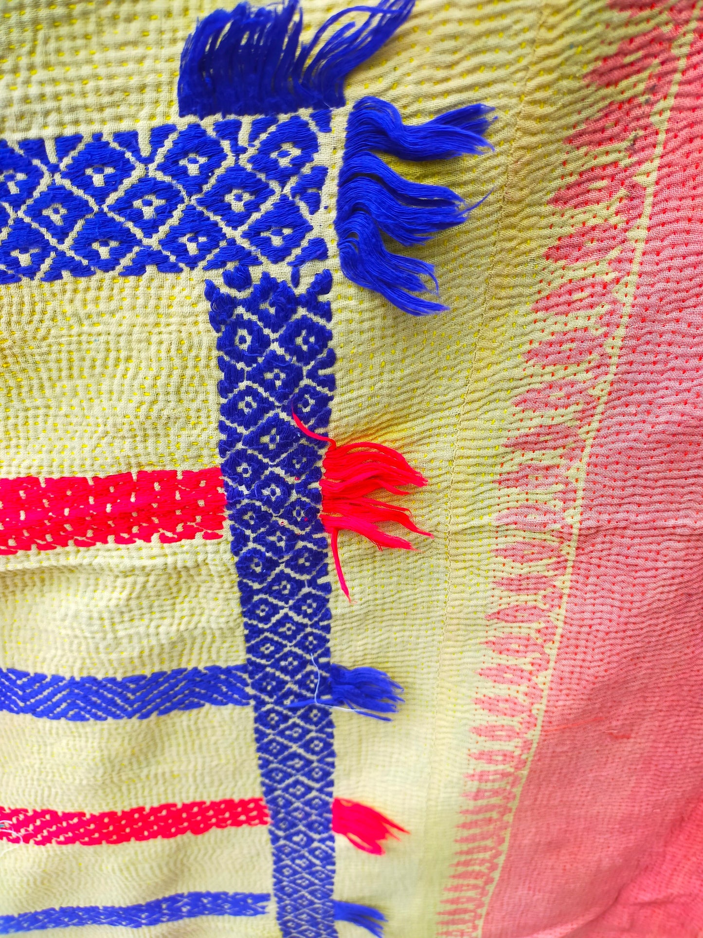 Vintage Hand-Stitched Patchwork Kantha Quilt From India Made From Recycled Cotton Saris Hand Stitched Together. Orange Yellow