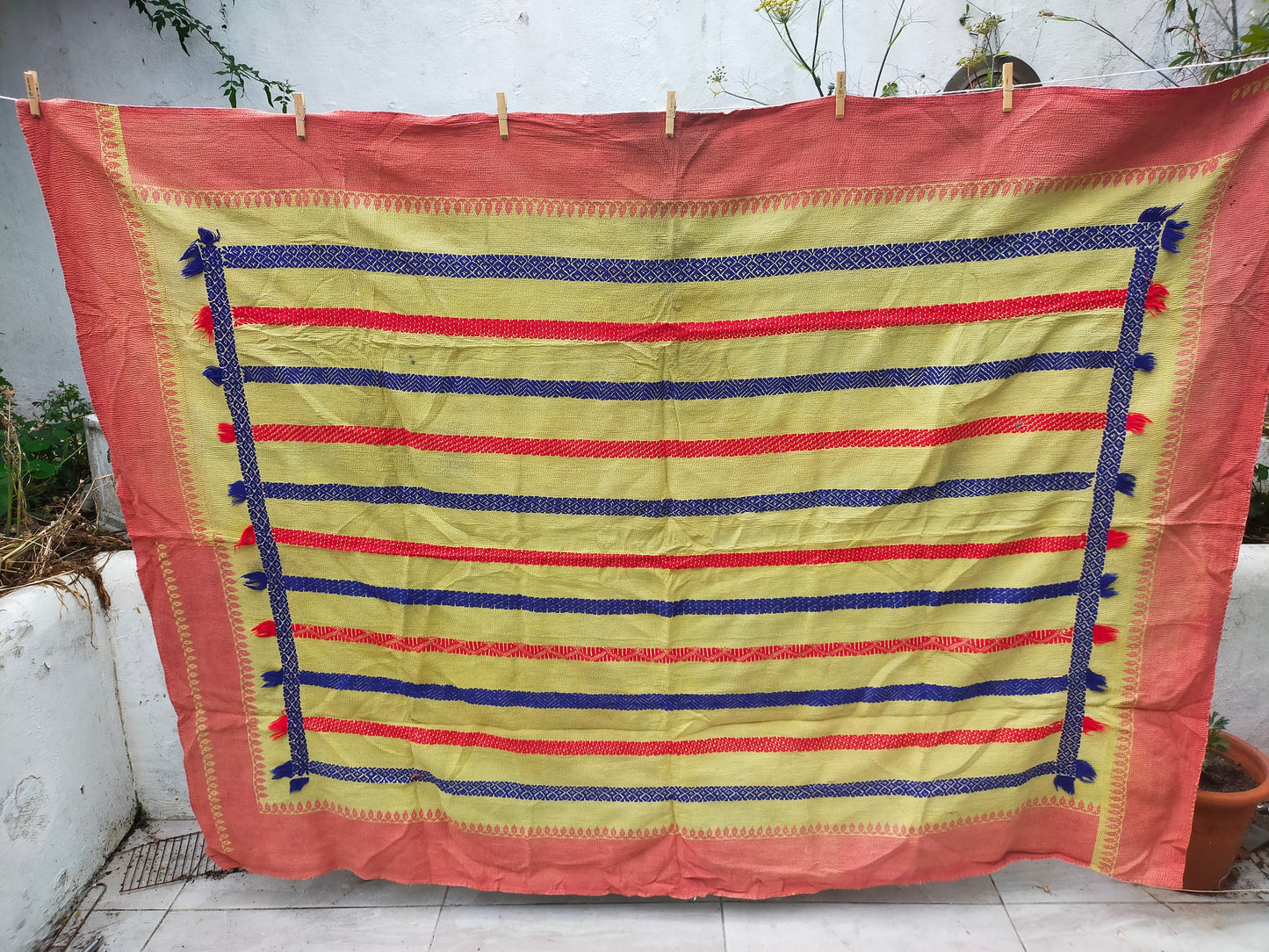 Vintage Hand-Stitched Patchwork Kantha Quilt From India Made From Recycled Cotton Saris Hand Stitched Together. Orange Yellow