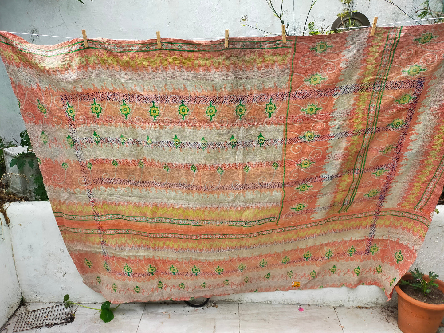 Vintage Hand-Stitched Patchwork Kantha Quilt From India Made From Recycled Cotton Saris Hand Stitched Together. Orange Yellow