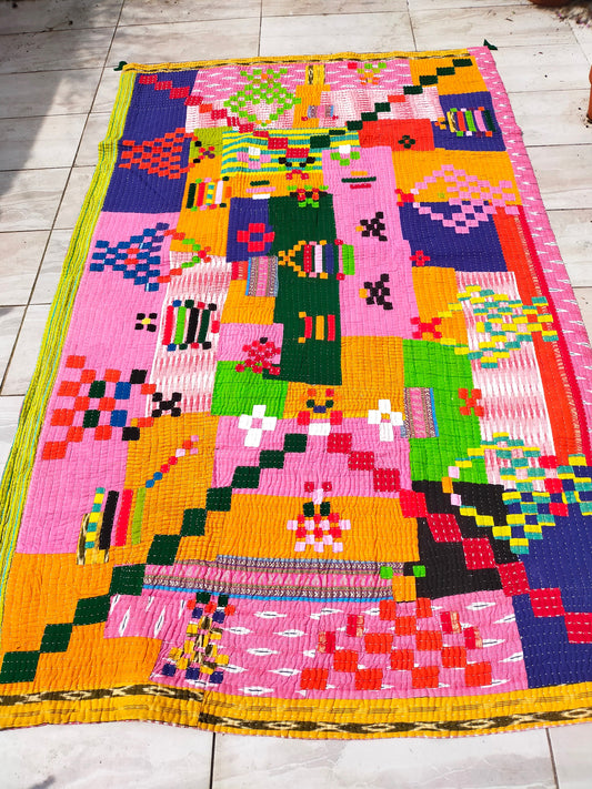 Siddi Tribal Patchwork Kawandi Quilted Blanket Hand Stitched By Women In India
