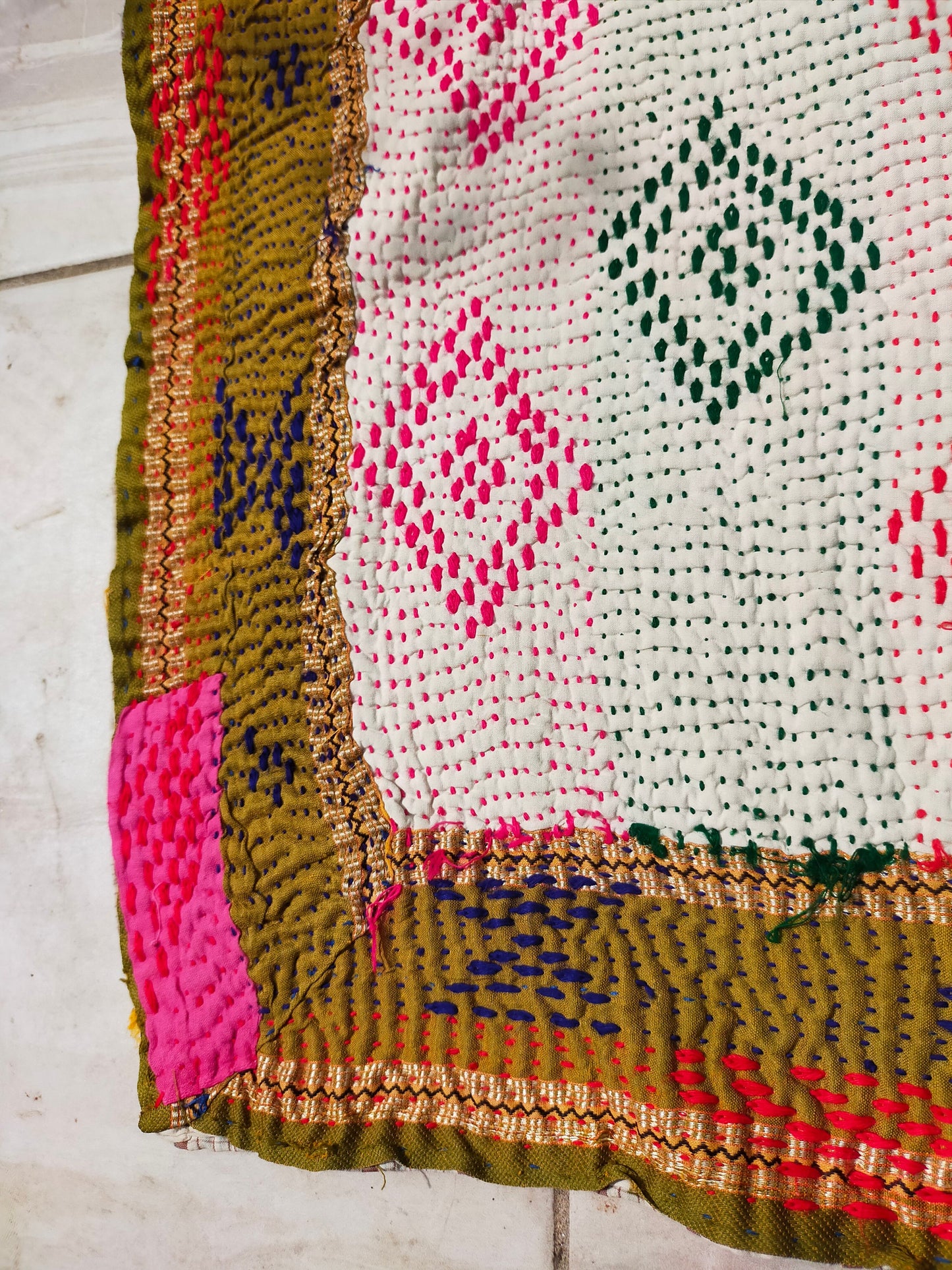 Vintage Bengali Hand-Stitched Patchwork Kantha Quilt From India Made From Recycled Cotton Saris