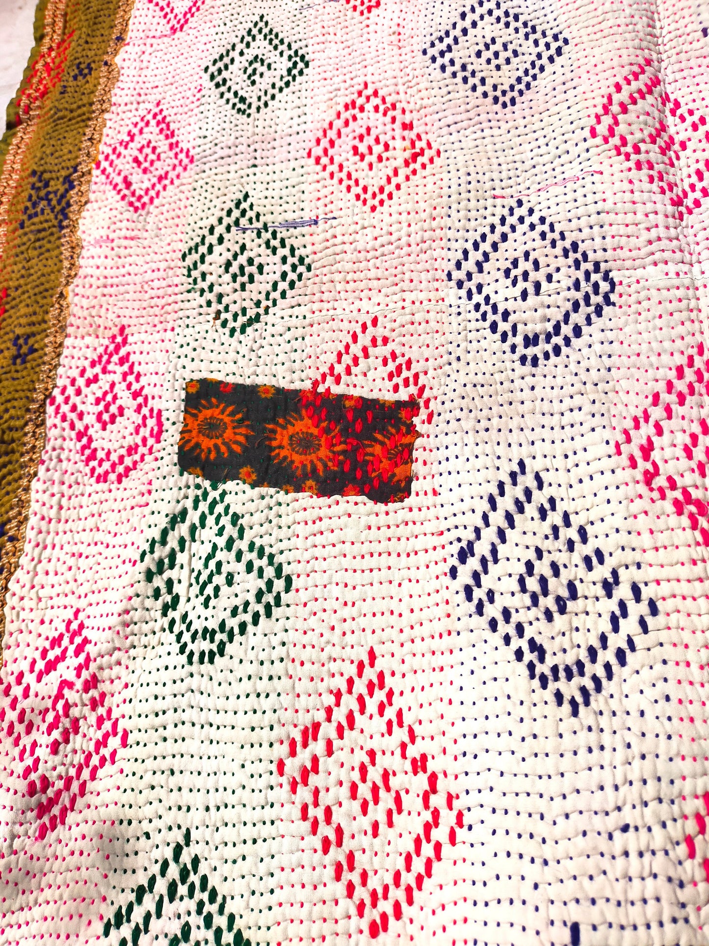 Vintage Bengali Hand-Stitched Patchwork Kantha Quilt From India Made From Recycled Cotton Saris