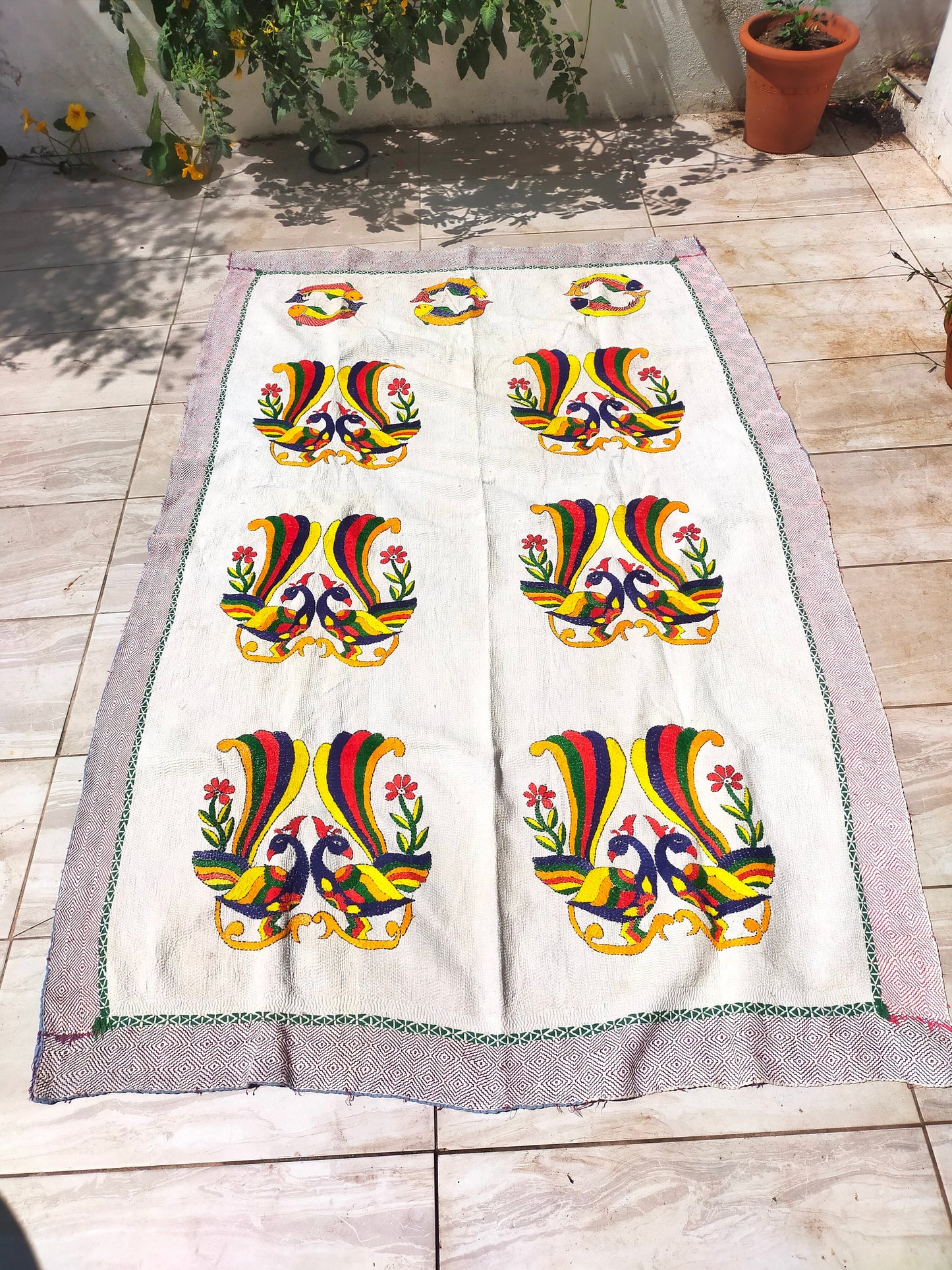 Rare Vintage Hand Stitched Patchwork Kantha Blanket Quilt From India Made From Recycled Cotton Saris Hand Stitched Together.