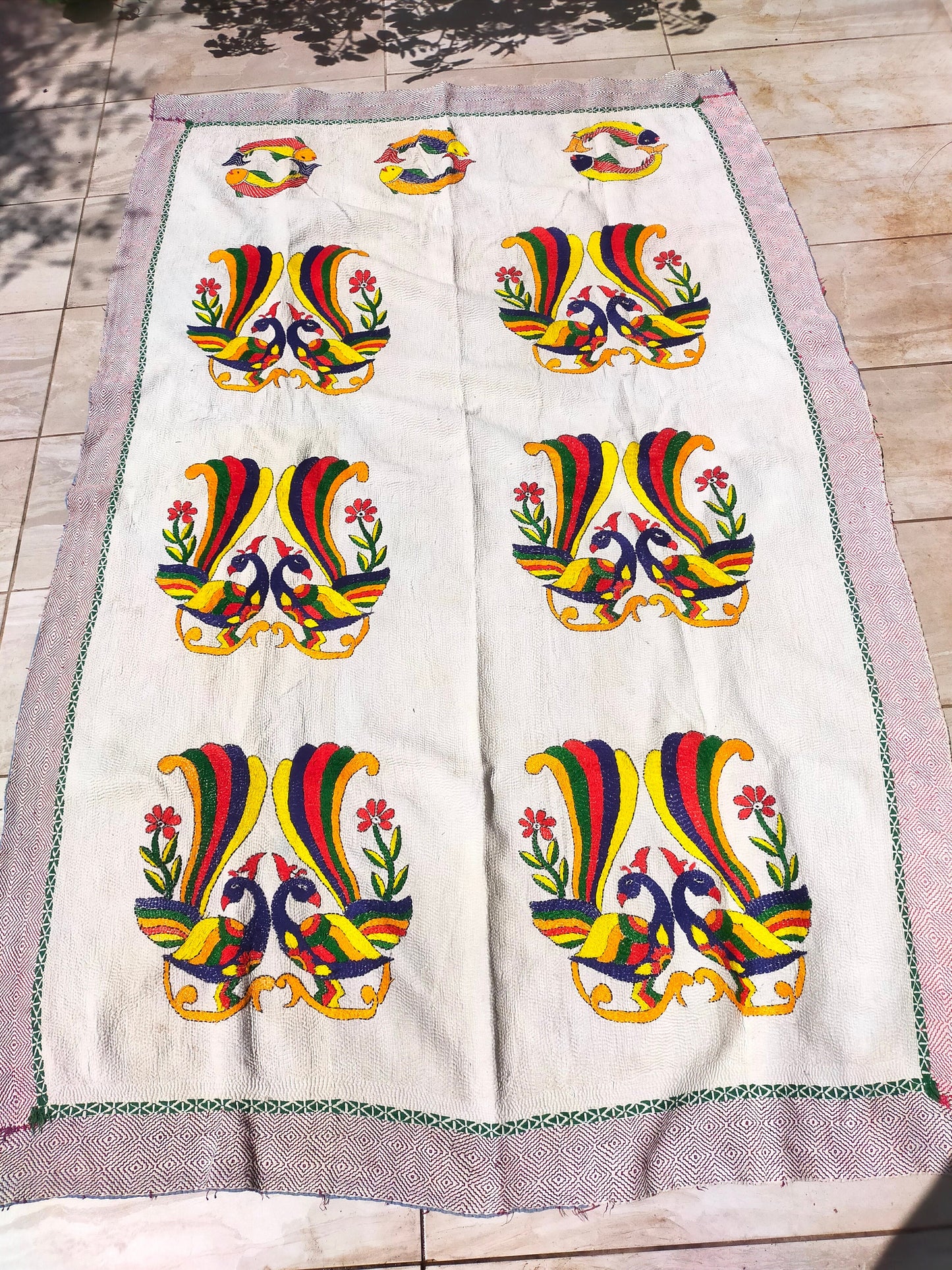 Rare Vintage Hand Stitched Patchwork Kantha Blanket Quilt From India Made From Recycled Cotton Saris Hand Stitched Together.