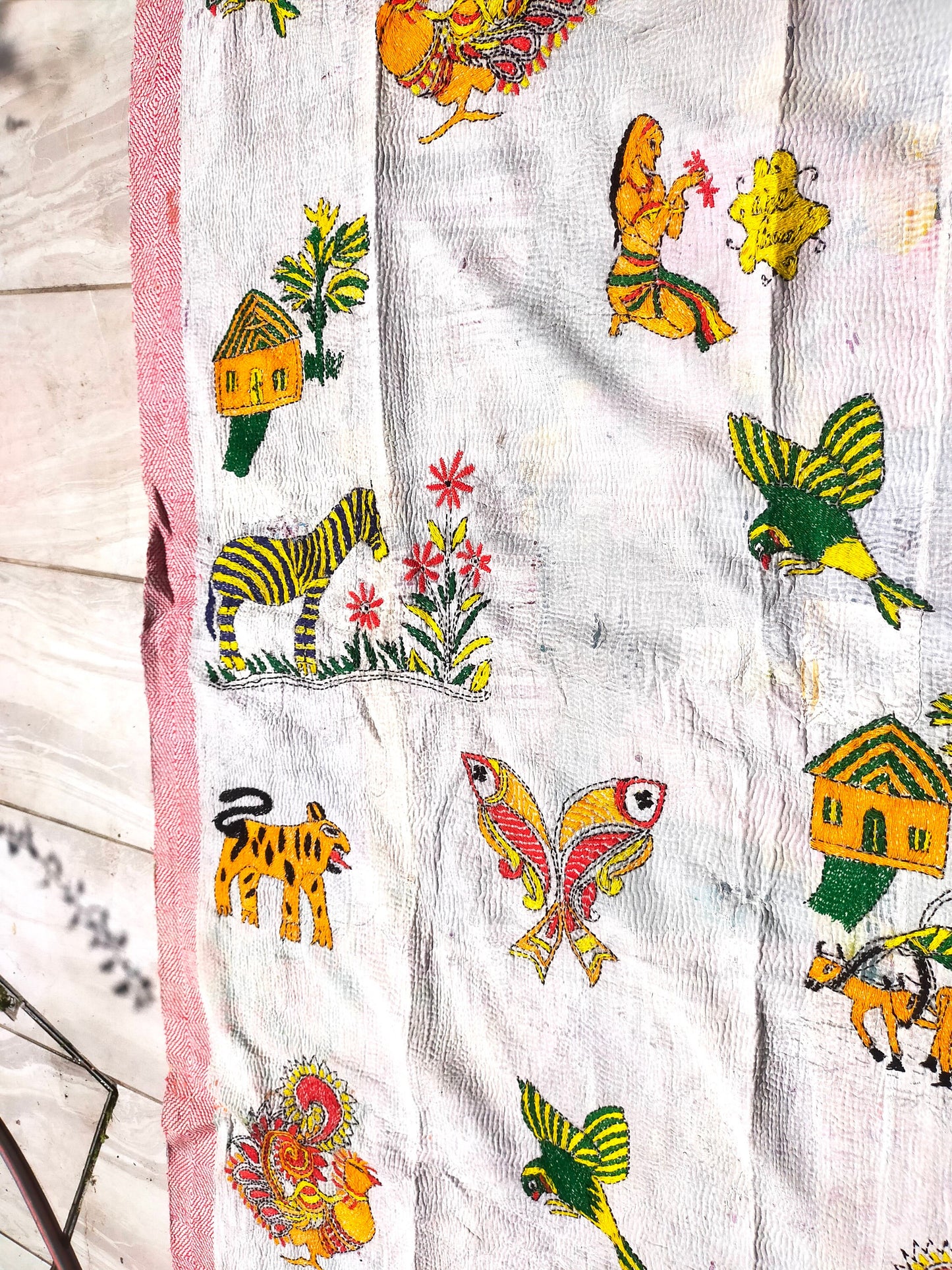 Vintage  Patchwork Kantha Quilt From India Made From Recycled Cotton Saris Hand Stitched Together.