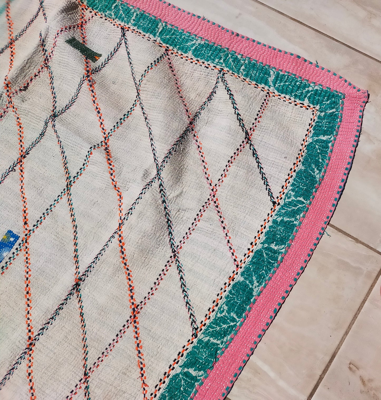 Vintage Hand Stitched Patchwork Kantha Blanket Quilt From India Made From Recycled Cotton Saris Hand Stitched Together.