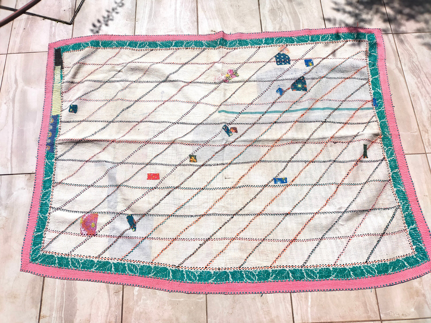 Vintage Hand Stitched Patchwork Kantha Blanket Quilt From India Made From Recycled Cotton Saris Hand Stitched Together.
