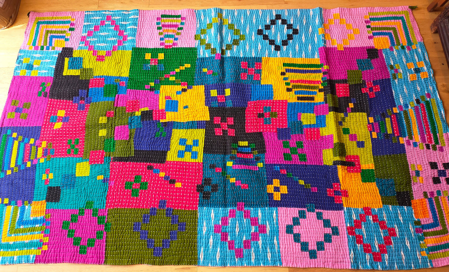 Siddi Kawandi - A Patchwork Kantha Single Quilt Or Throw, Made With Recycled Cotton - Hand-Stitched By Indian Women In Karnataka
