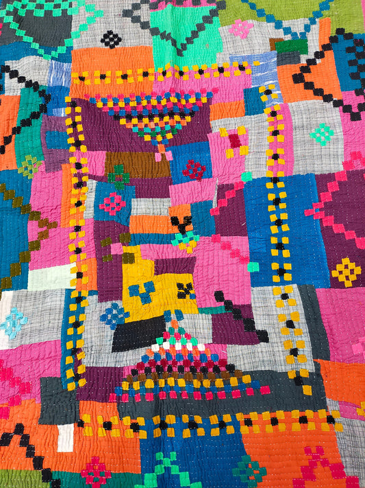 Siddi Kawandi - Patchwork Kantha Blanket Or Throw, Made With Recycled Cotton Offcuts - Hand-Stitched By African Indian Women In Karnataka