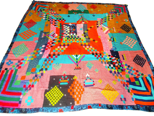 Hand-Stitched Siddi Kawandi Patchwork Quilt Made With Recycled Cotton In India Double Bed