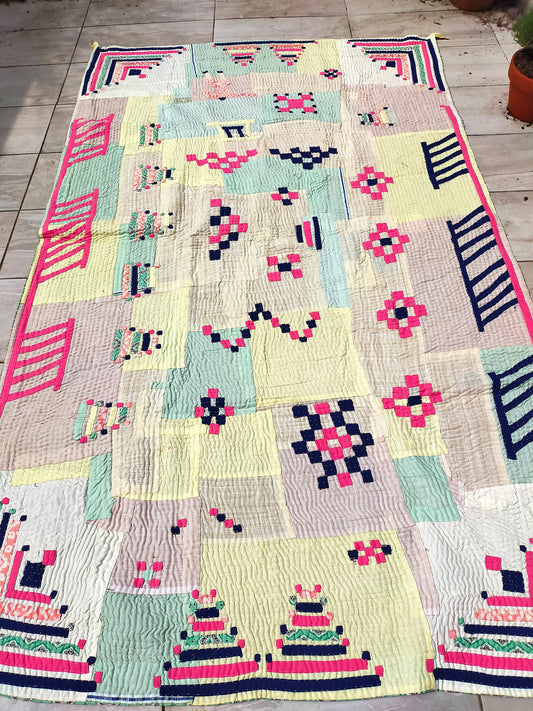 Hand-Stitched Siddi Kawandi Patchwork Quilt Made With Recycled Cotton In India