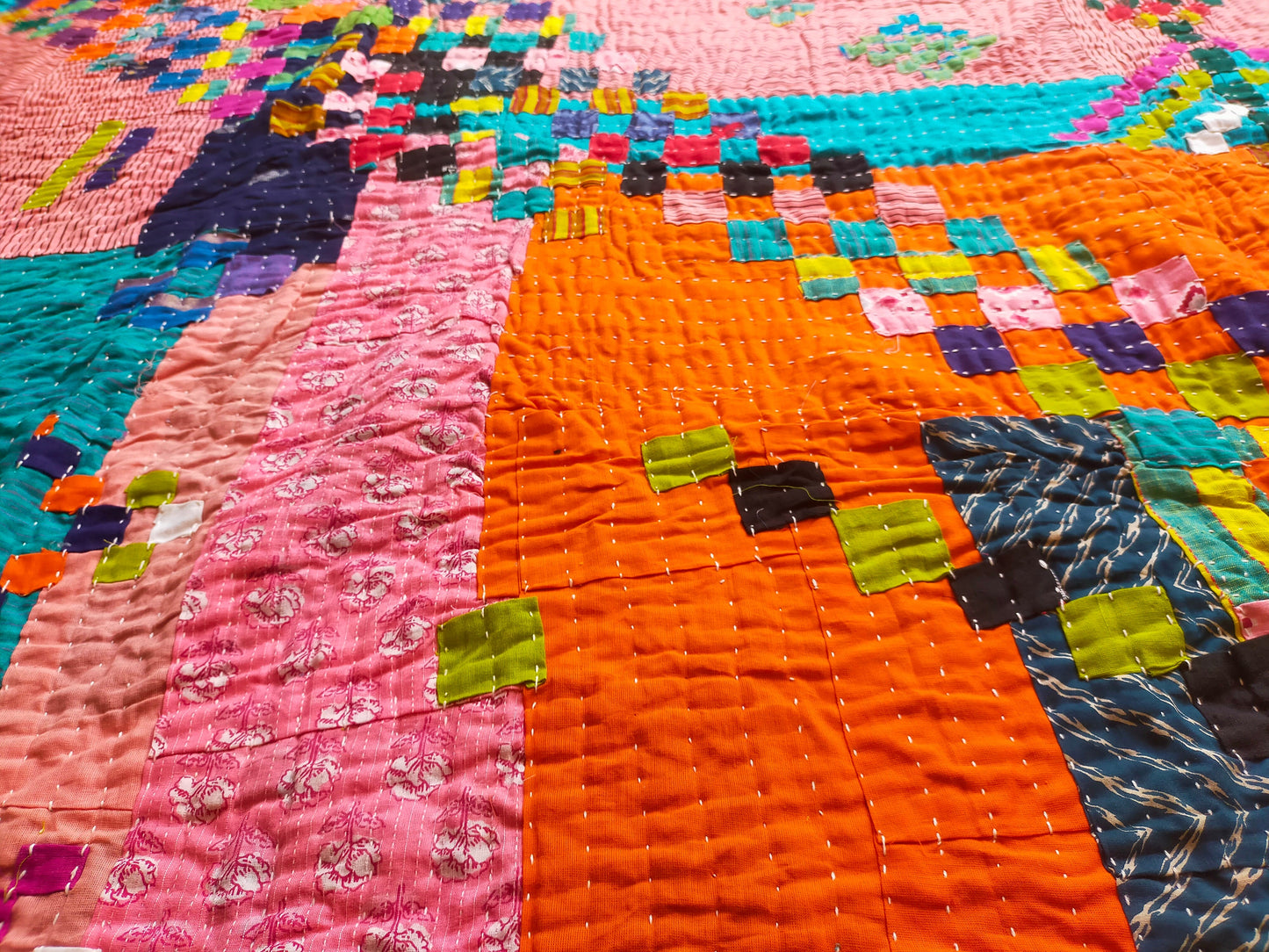 Hand-Stitched Siddi Kawandi Patchwork Quilt Made With Recycled Cotton In India Double Bed
