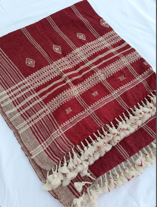 Handwoven Desi Wool (indian wool) Red Shawl/Throw From Kutch Gujarat