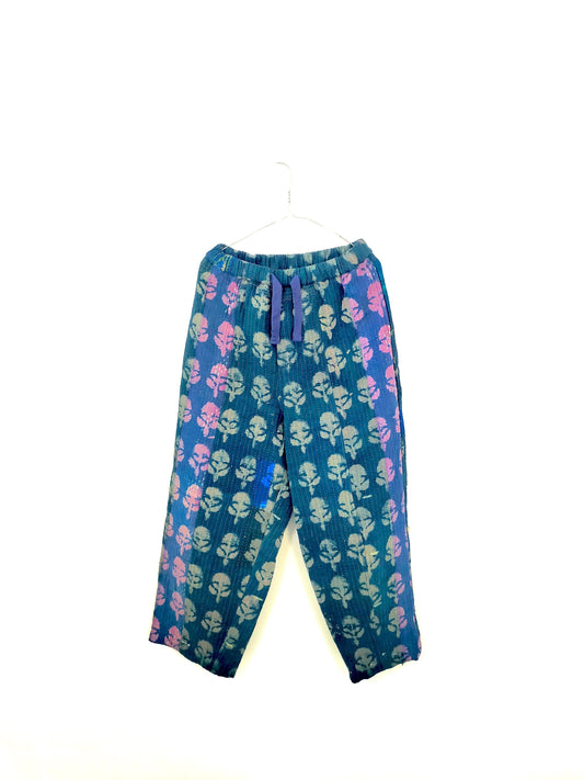 Vintage Indigo Cotton Kantha Elasticated Trousers Pants, Naturally Dyed And Block Printed
