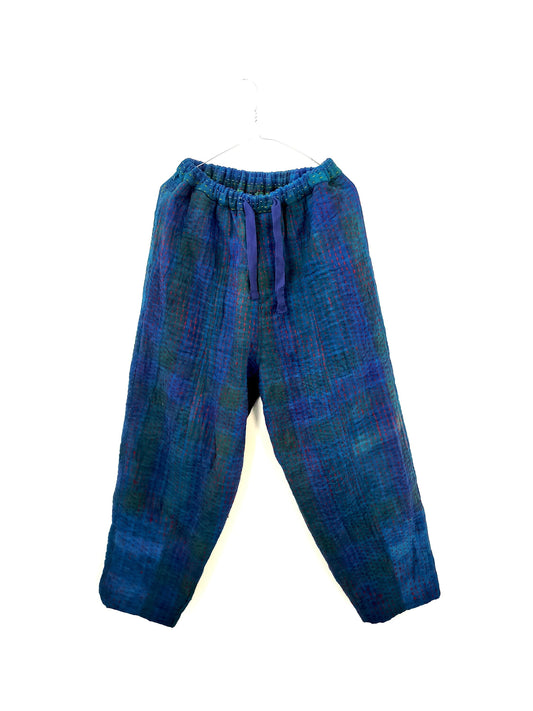 Indigo Vintage Cotton Patchwork Kantha Elasticated Trousers Pants, Naturally Dyed