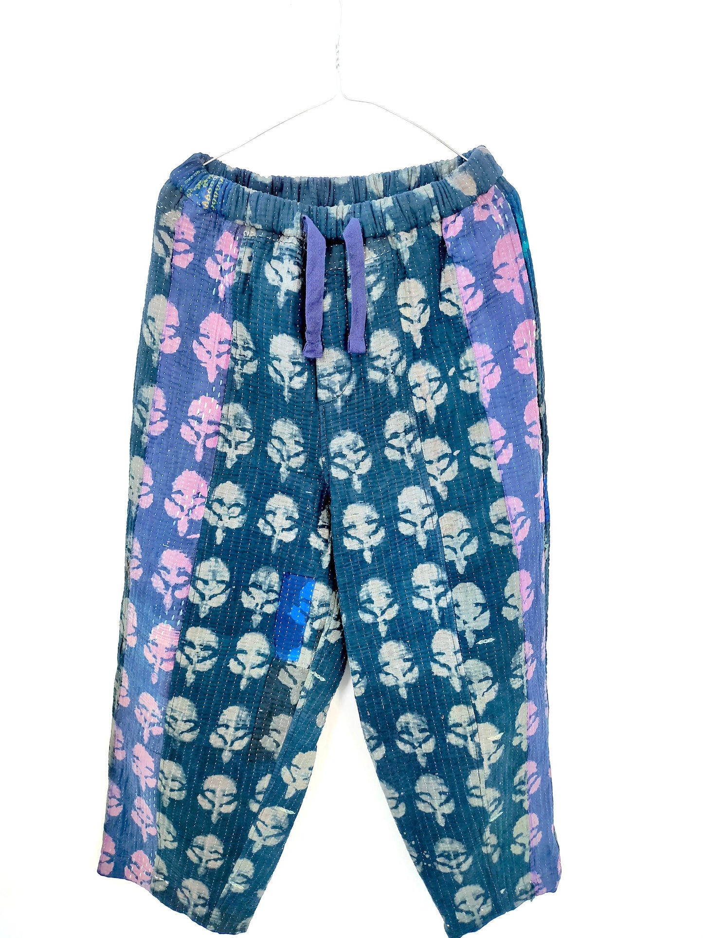 Vintage Indigo Cotton Kantha Elasticated Trousers Pants, Naturally Dyed And Block Printed