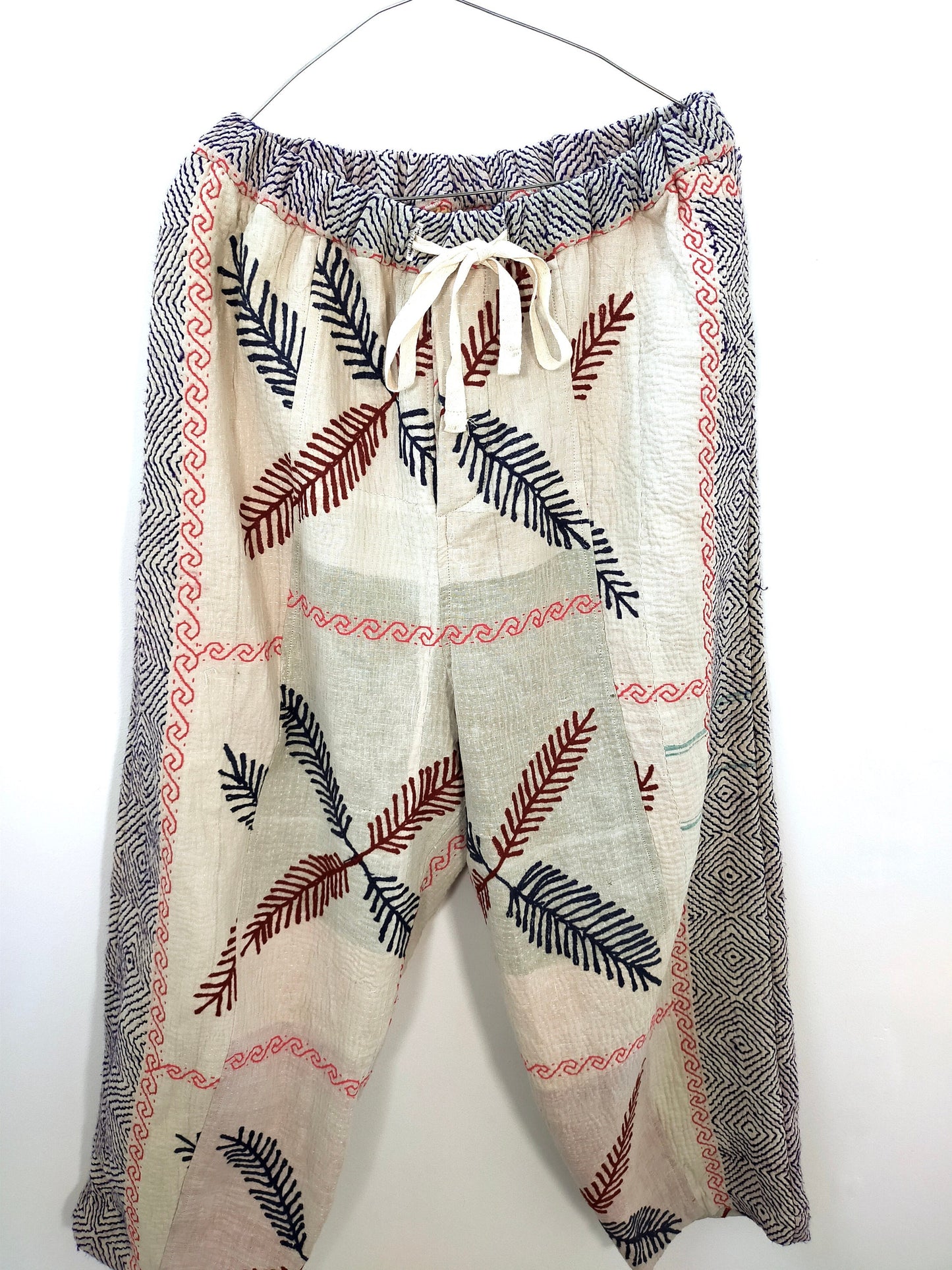 Vintage Cotton Kantha Elasticated Trousers Pants, Intricately Hand Stitched Embroidery
