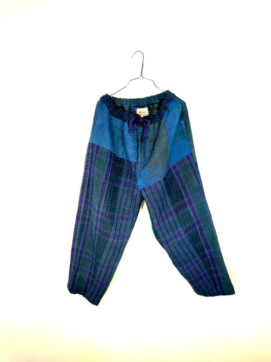 Vintage Cotton Kantha Elasticated Trousers Pants, Overdyed With Natural Indigo