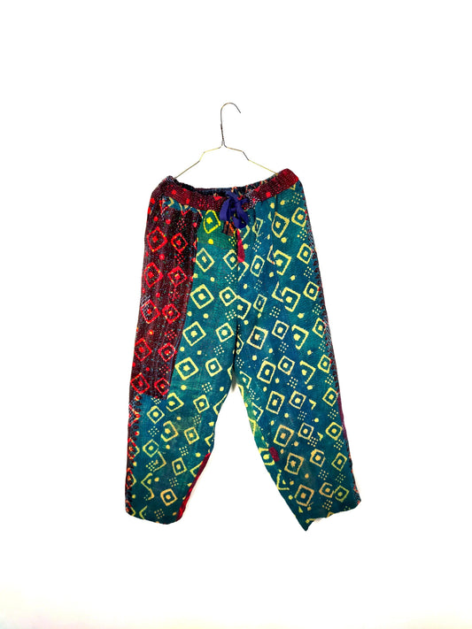 Indigo Cotton Kantha Elasticated Trousers Pants, Naturally Dyed