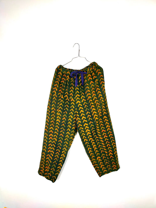 Vintage Cotton Kantha Elasticated Trousers Pants, Overdyed And Block Printed With Natural Indigo