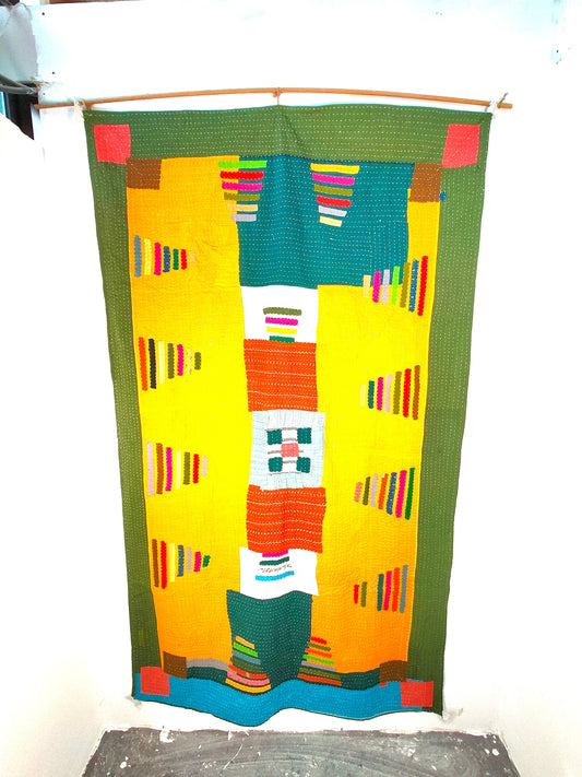 Siddi Tribal Patchwork Kawandi Kavand Single Quilted Kantha Blanket From India Bright Yellow Green