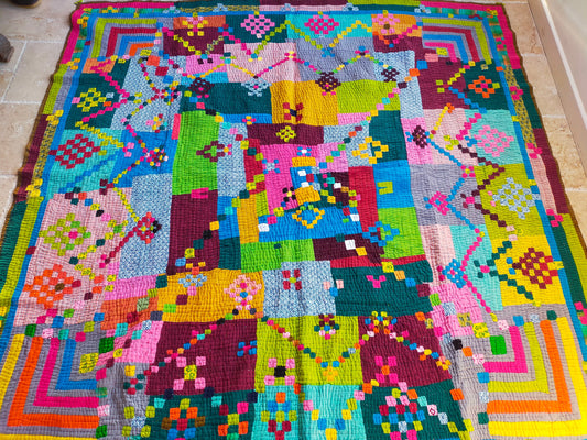 Siddi Kawandi - Patchwork Kantha Double Blanket, Made With Recycled Cotton - Hand-Stitched By African Indian Women In Karnataka