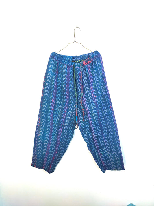 Vintage Cotton Kantha Elasticated Trousers Pants, Over-dyed and Block Printed in Natural Indigo - Ethically Made