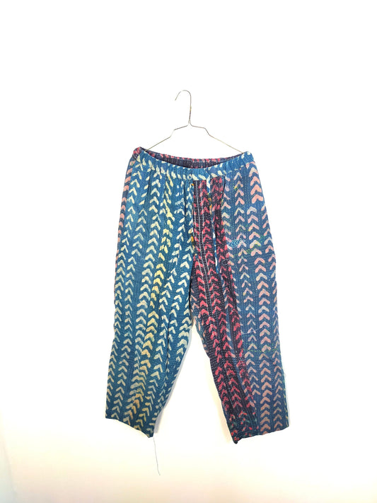 Vintage Cotton Kantha Pants Wirth Elasticated Waist Trousers, Over-dyed and Block Printed in Natural Indigo