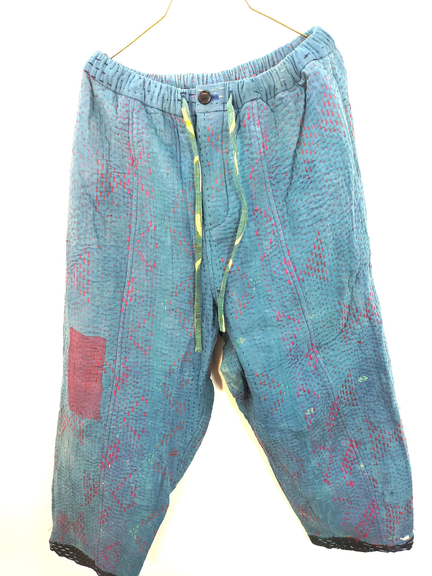 Vintage Cotton Kantha Trousers With Elasticated Waist, Over-dyed and Block Printed in Natural Indigo