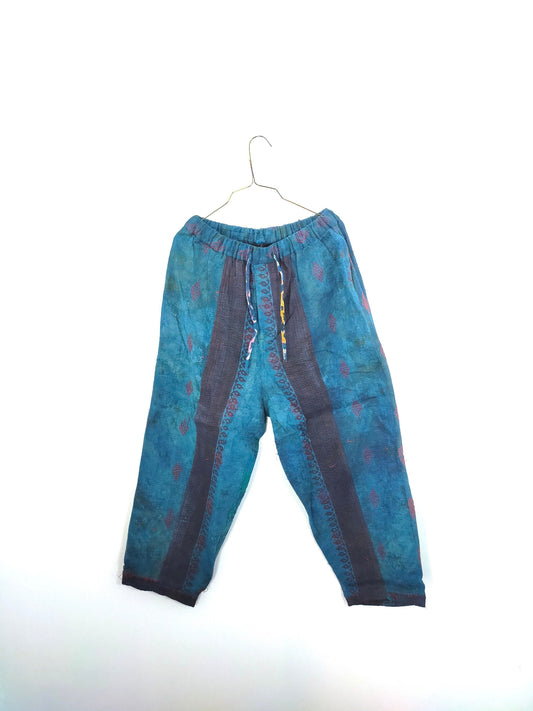 Vintage Cotton Kantha Elasticated Trousers Pants, Over-dyed  in Natural Indigo Plant Dye