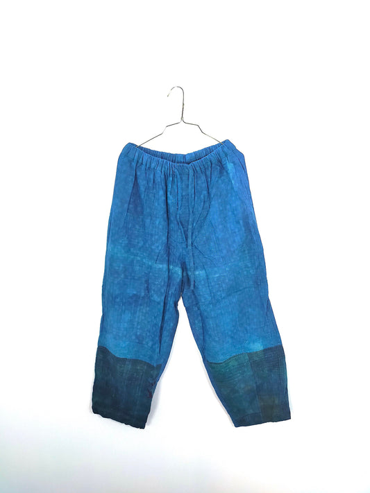 Handmade With Vintage Cotton Kantha Elasticated Trousers Pants, Over-dyed With Natural Indigo.