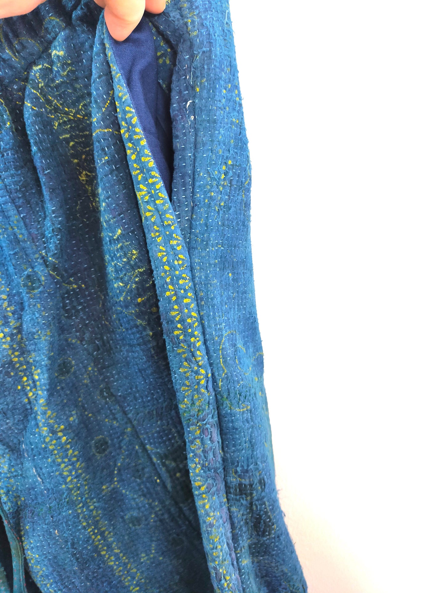 Vintage Cotton Hand-Stitched Kantha Elasticated Trousers, Over-dyed in Natural Indigo