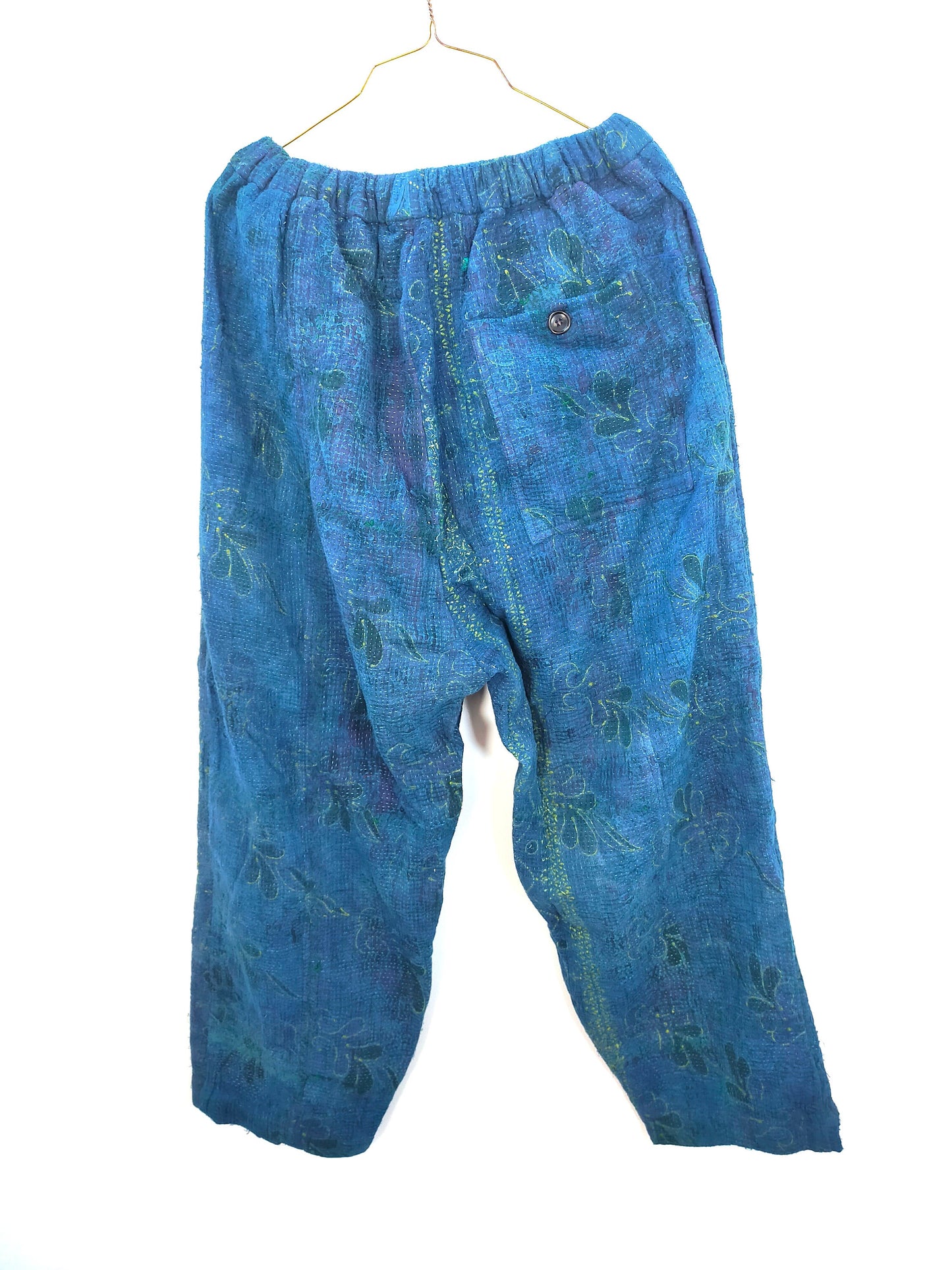 Vintage Cotton Hand-Stitched Kantha Elasticated Trousers, Over-dyed in Natural Indigo