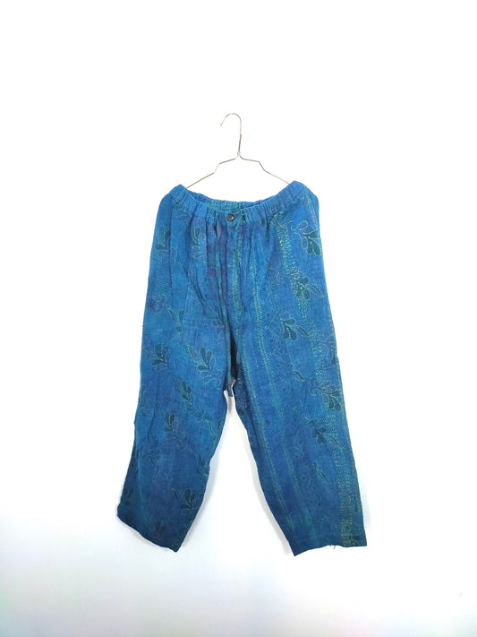 Vintage Cotton Hand-Stitched Kantha Elasticated Trousers, Over-dyed in Natural Indigo