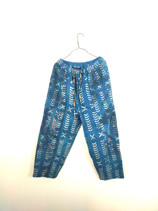Vintage Cotton Hand-Stitched Kantha Elasticated Trousers Pants, Overdyed And Block Printed With Natural Indigo