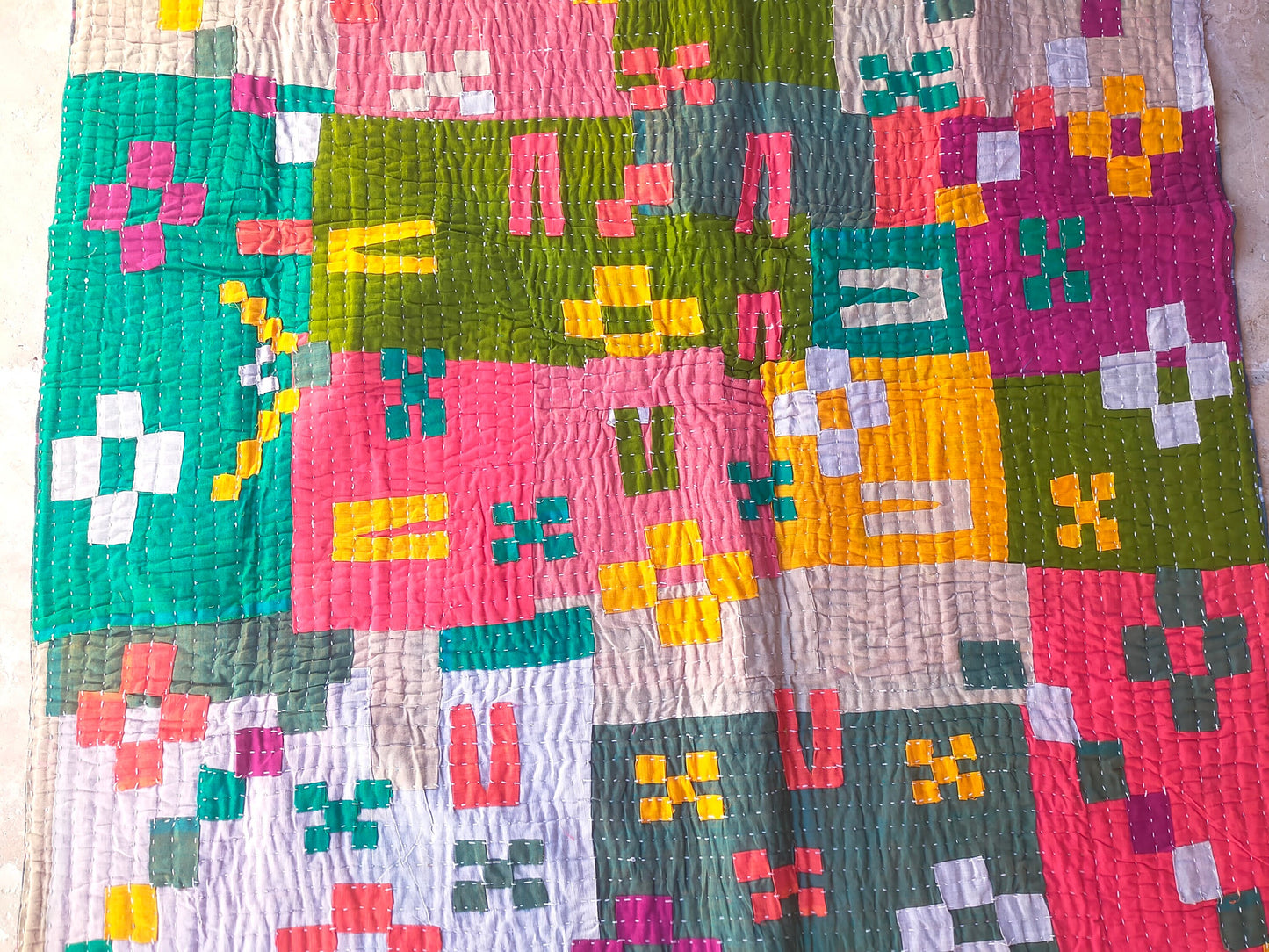 Siddi Kavand - Quilted Kantha Baby Quilt Or Textile Art, Made With Up-Cycled Cotton - Hand-Stitched By African Indian Women In India