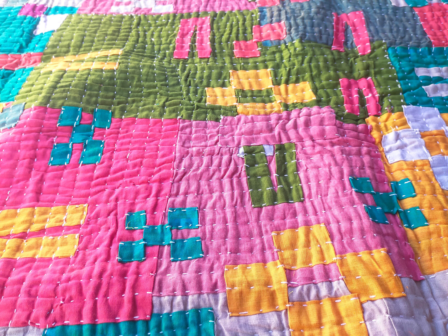 Siddi Kavand - Quilted Kantha Baby Quilt Or Textile Art, Made With Up-Cycled Cotton - Hand-Stitched By African Indian Women In India