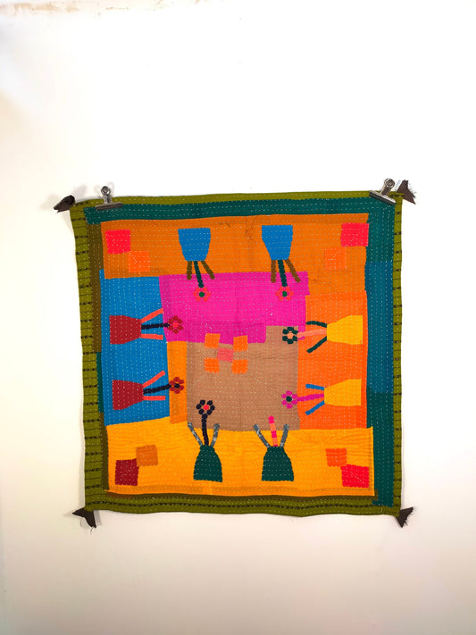 Hand-Stitched Siddi Kawandi Patchwork Kantha Wall Hanging Or Baby Quilt Made With Recycled Cotton By African Indian Women India
