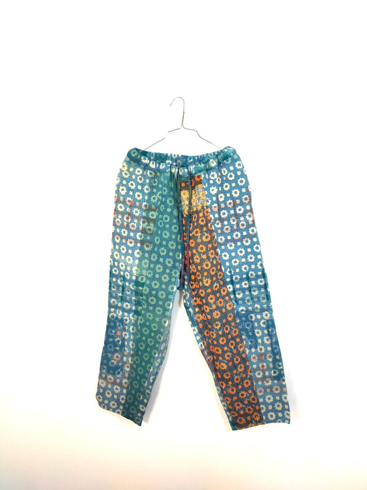 Vintage Cotton Kantha Pants With Elasticated Waist, Over-dyed and Block Printed in Natural Indigo