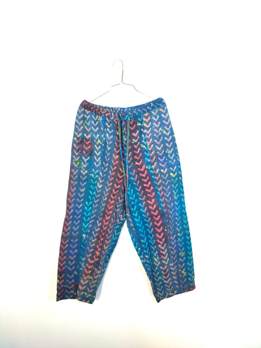 Vintage Soft Cotton Kantha Elasticated Trousers Pants, Over-dyed and Block Printed in Natural Indigo