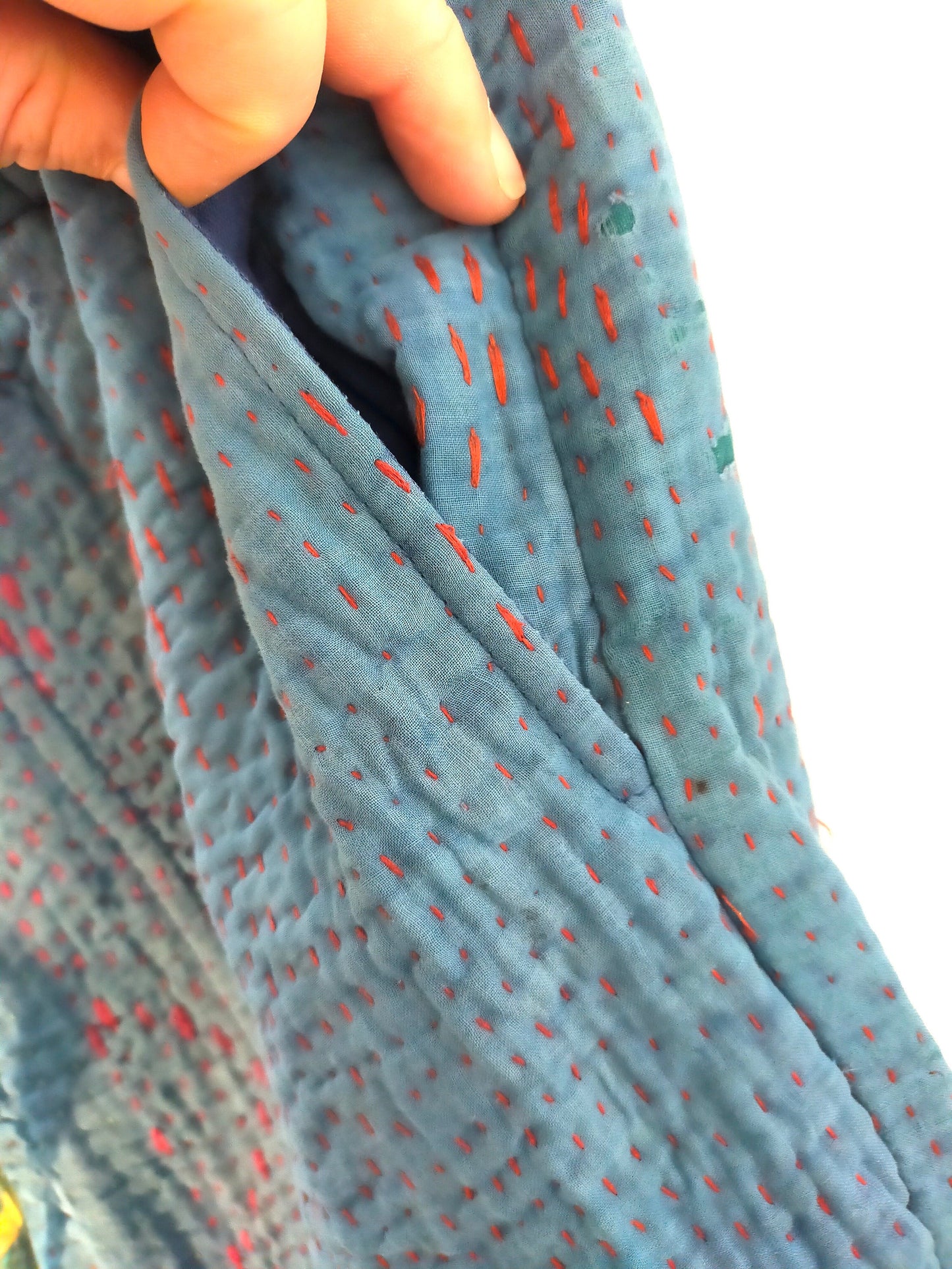 Vintage Cotton Kantha Trousers With Elasticated Waist, Over-dyed and Block Printed in Natural Indigo